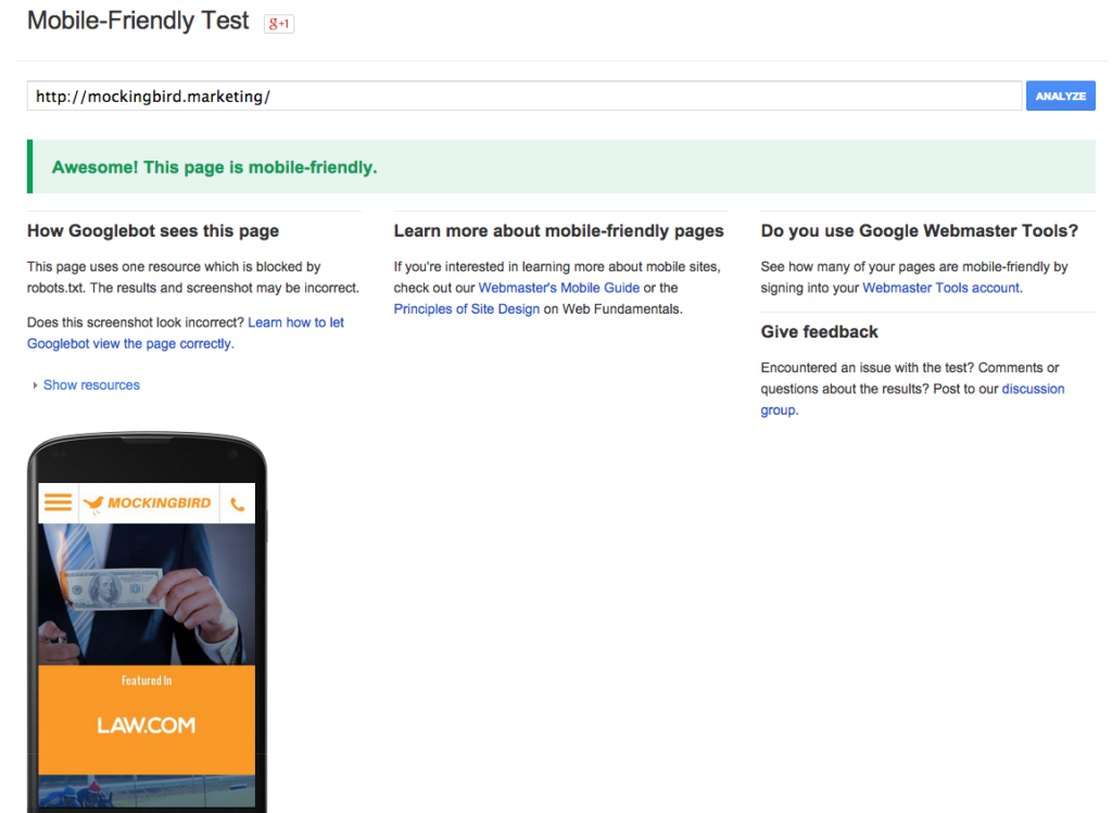 Mockingbird Google Mobile Test