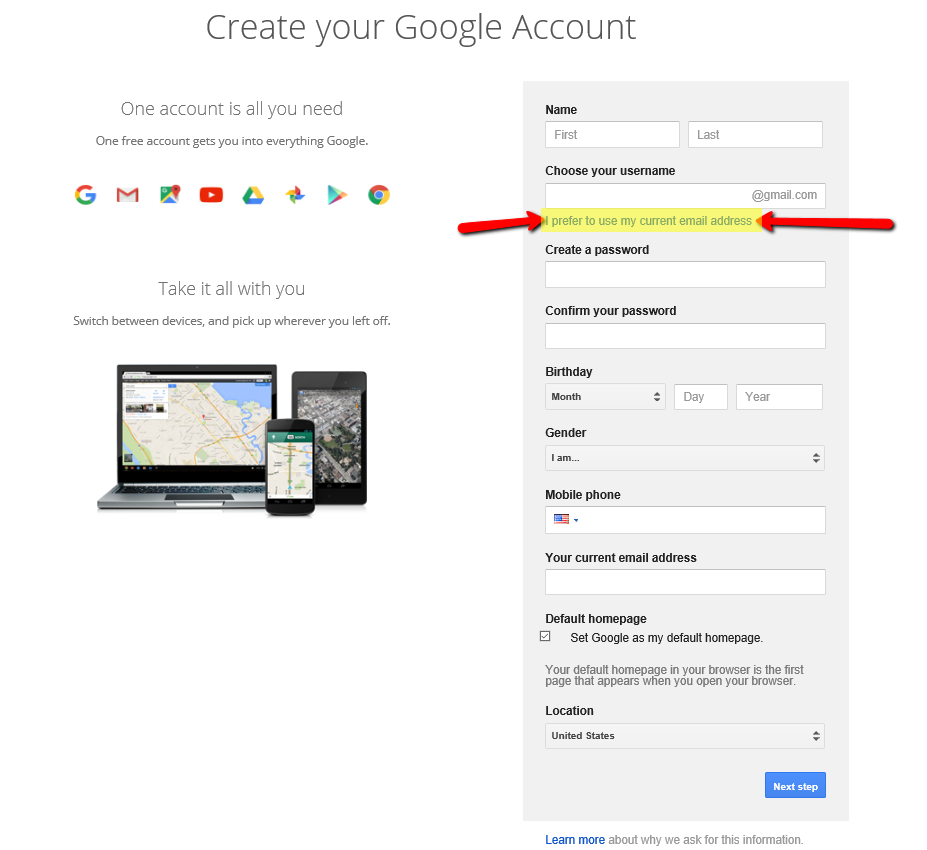 prefer to use current email for gmail