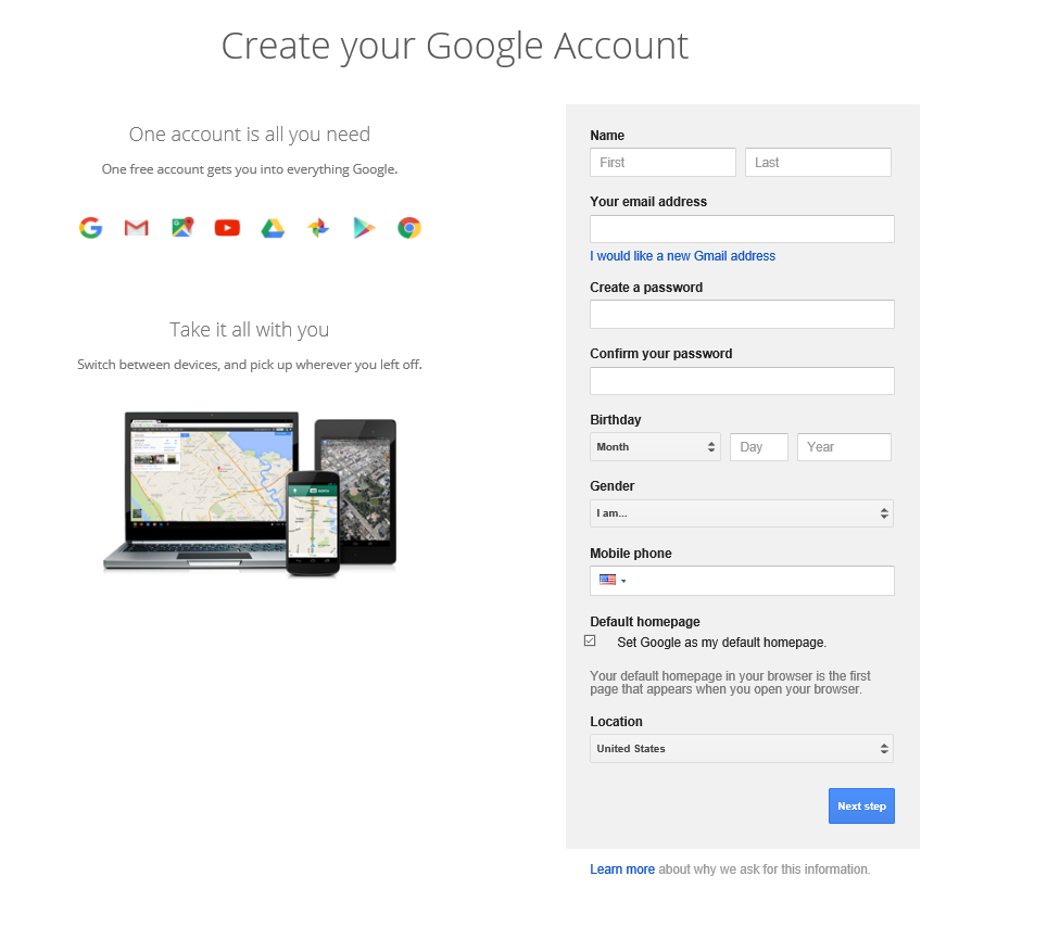 fields for creating google account with current email