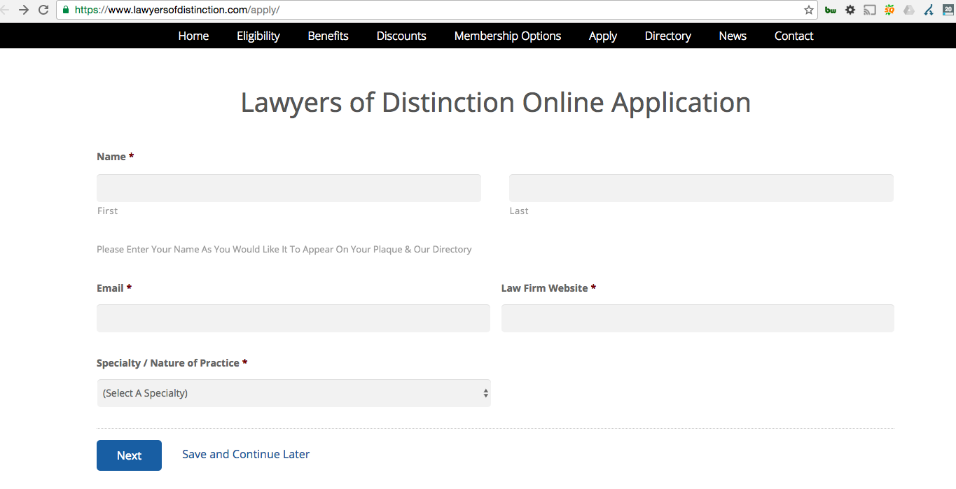 Lawyers of Distinction Application from Email