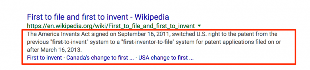 search snippet of first to file google search