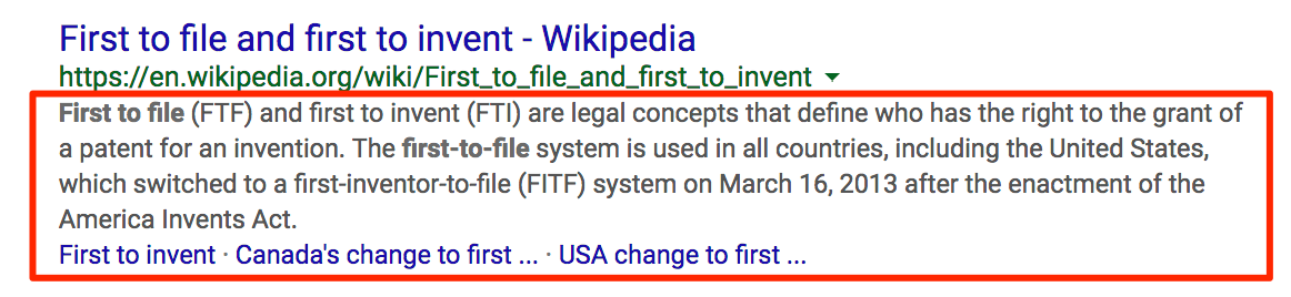 search snippet for first to file prior act