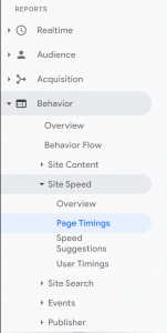 Behavior → Site Speed → Page Timings