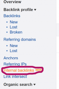 Internal backlinks located under Backlink profile in the side menu